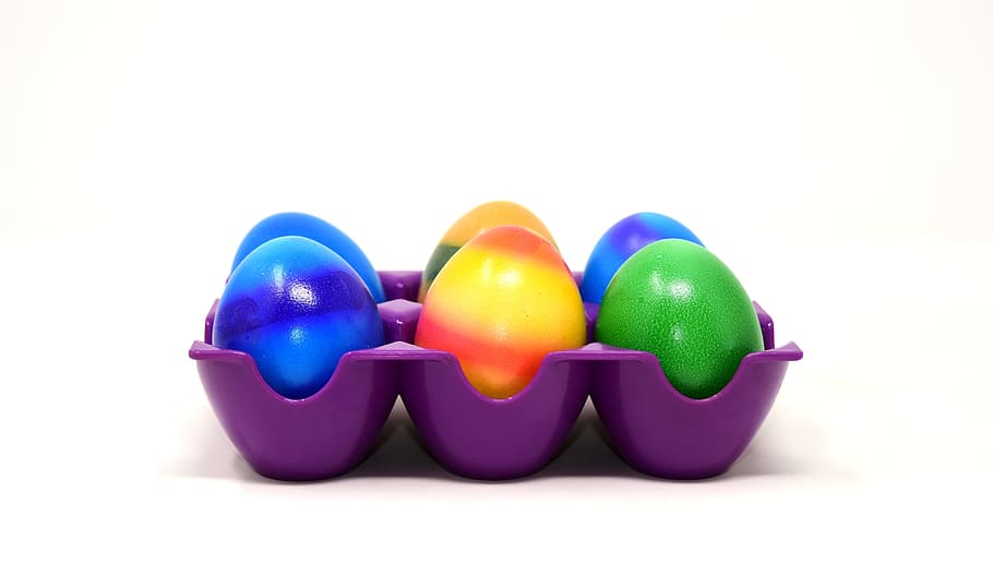 six assorted-color easter eggs on purple tray, colorful, colorful eggs HD wallpaper