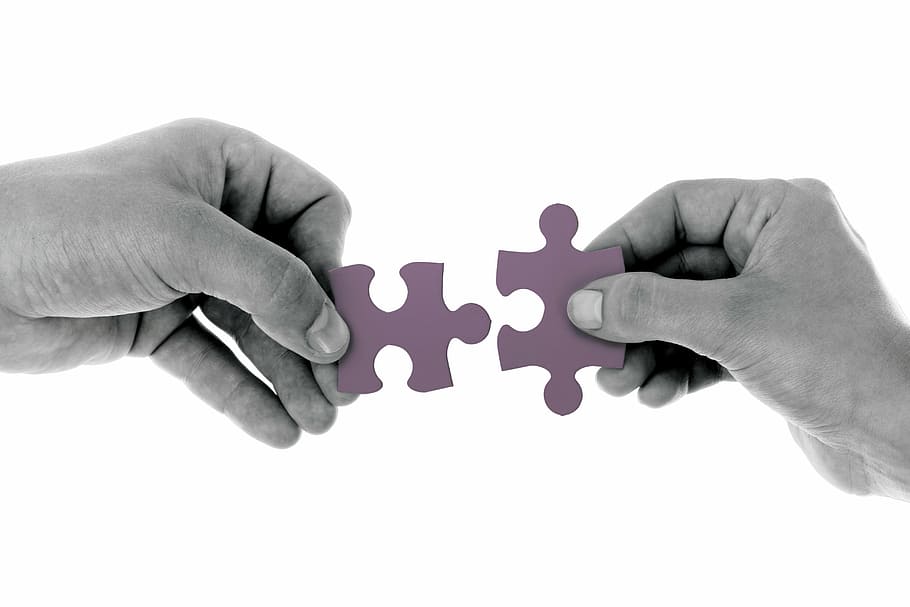 two person holding purple puzzles, connect, jigsaw, strategy