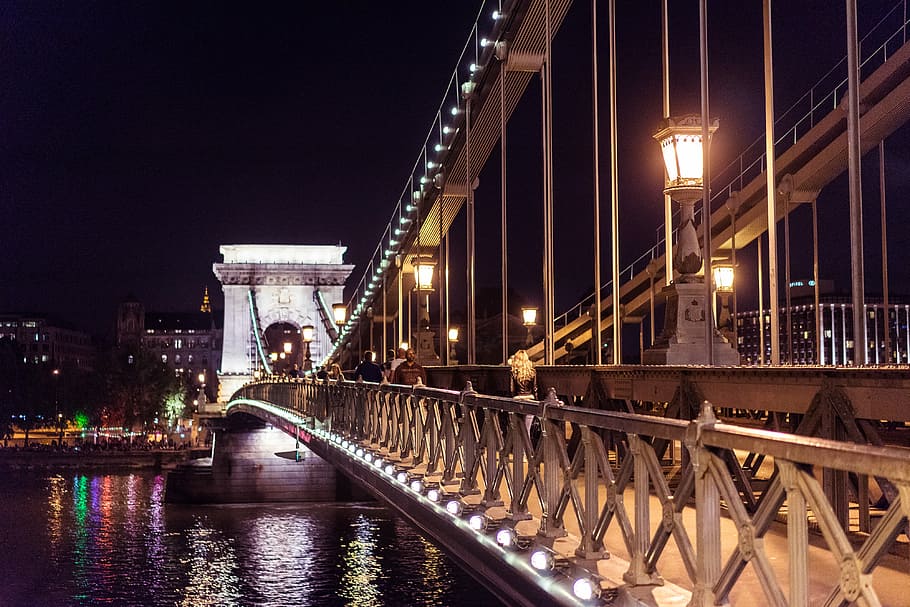 Széchenyi Chain Bridge in Budapest at Night, architecture, city