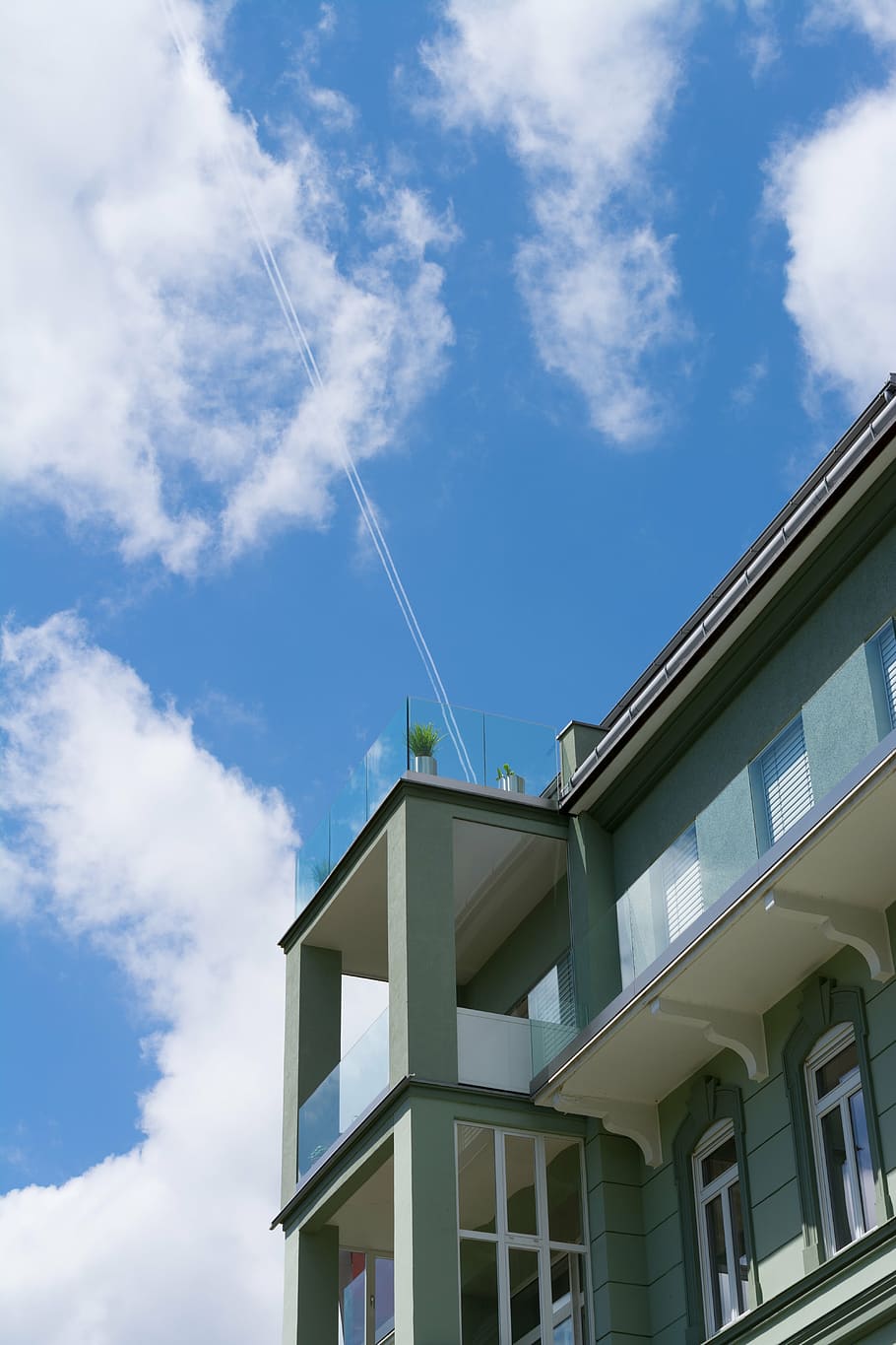 home, building, white, blue, glass, railing, window, clouds HD wallpaper