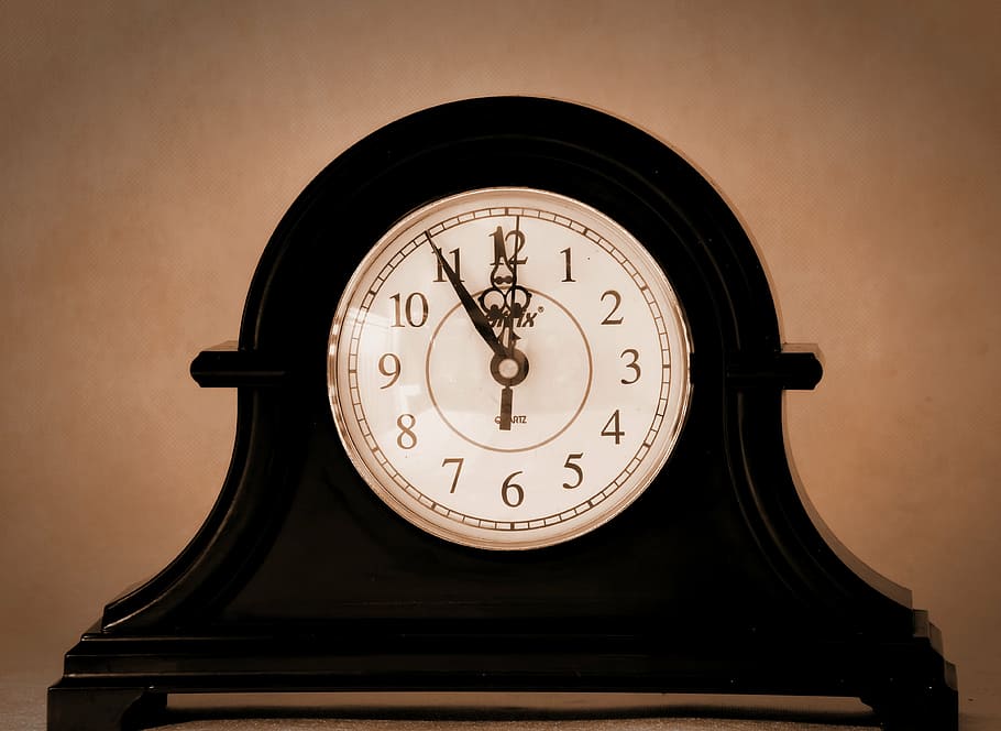 black mantel clock at 11:55, old, old clock, antique, clock shield, HD wallpaper