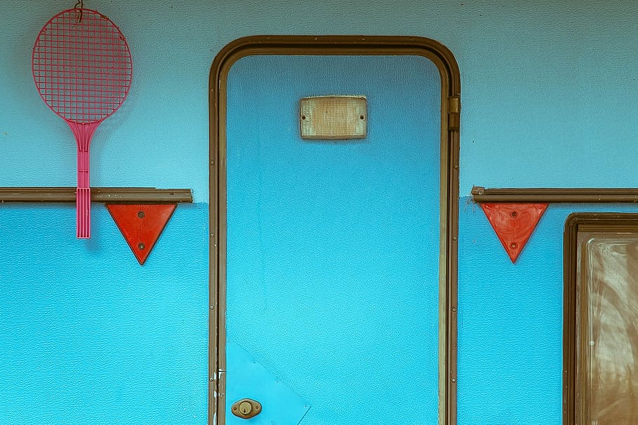 Door, Entrance, Camper, Trailer, blue, racket, vivid, color, HD wallpaper