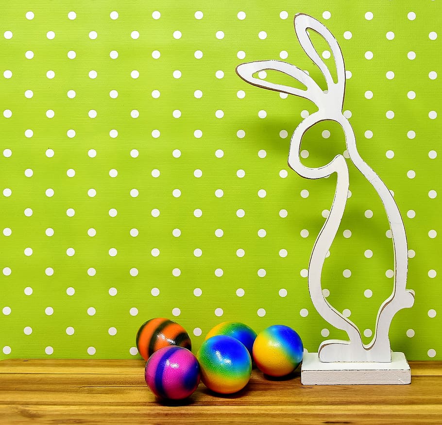 five assorted-color ornaments beside white rabbit wooden decor HD wallpaper