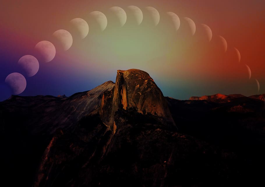 phases of the moon and mountain photo, moons, usa, sky, night HD wallpaper