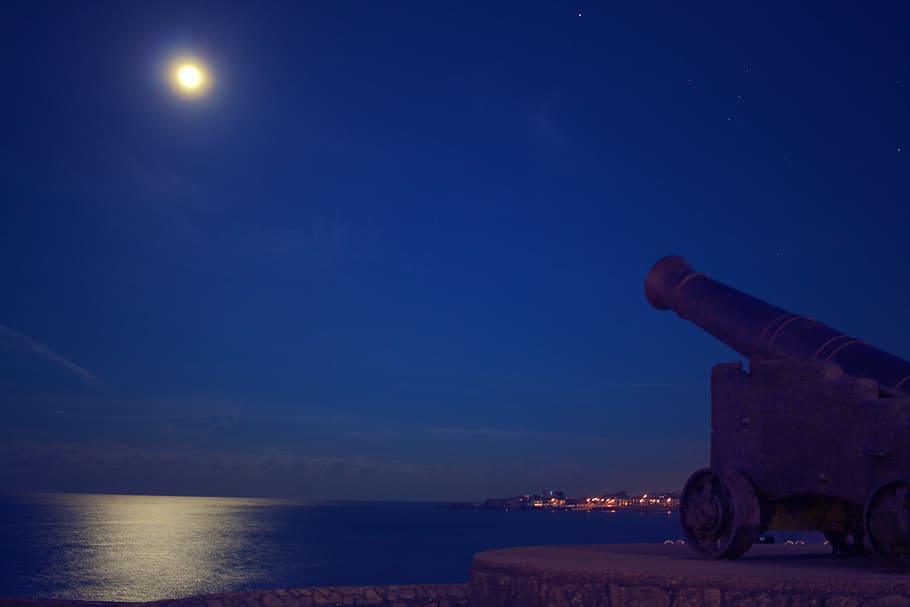 photograph of gray canon on concrete surface near body of water HD wallpaper