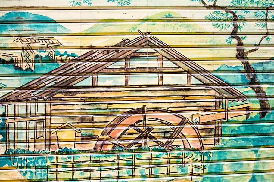 gate, mural, house, wall painting, watercolor painting, ripple HD wallpaper