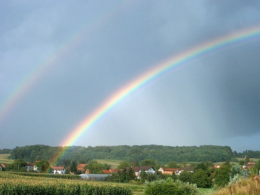 rainbow under gray clouds, nature, sky, beauty in nature, multi colored HD wallpaper