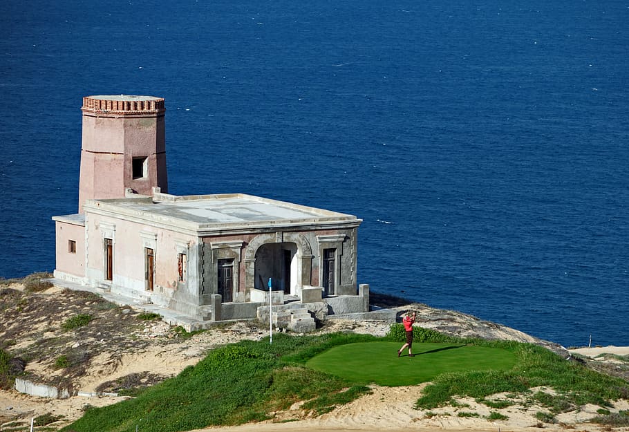 lighthouse, beach, costa, nature, landscape, ocean, blue, tourism HD wallpaper