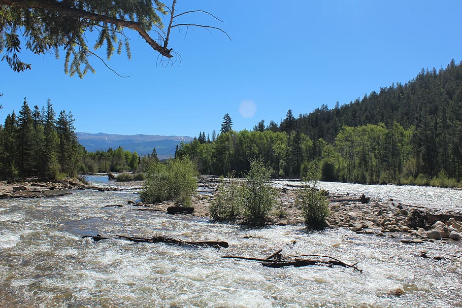 nature, sky, forest, mountains, summer, adventure, water, river HD wallpaper