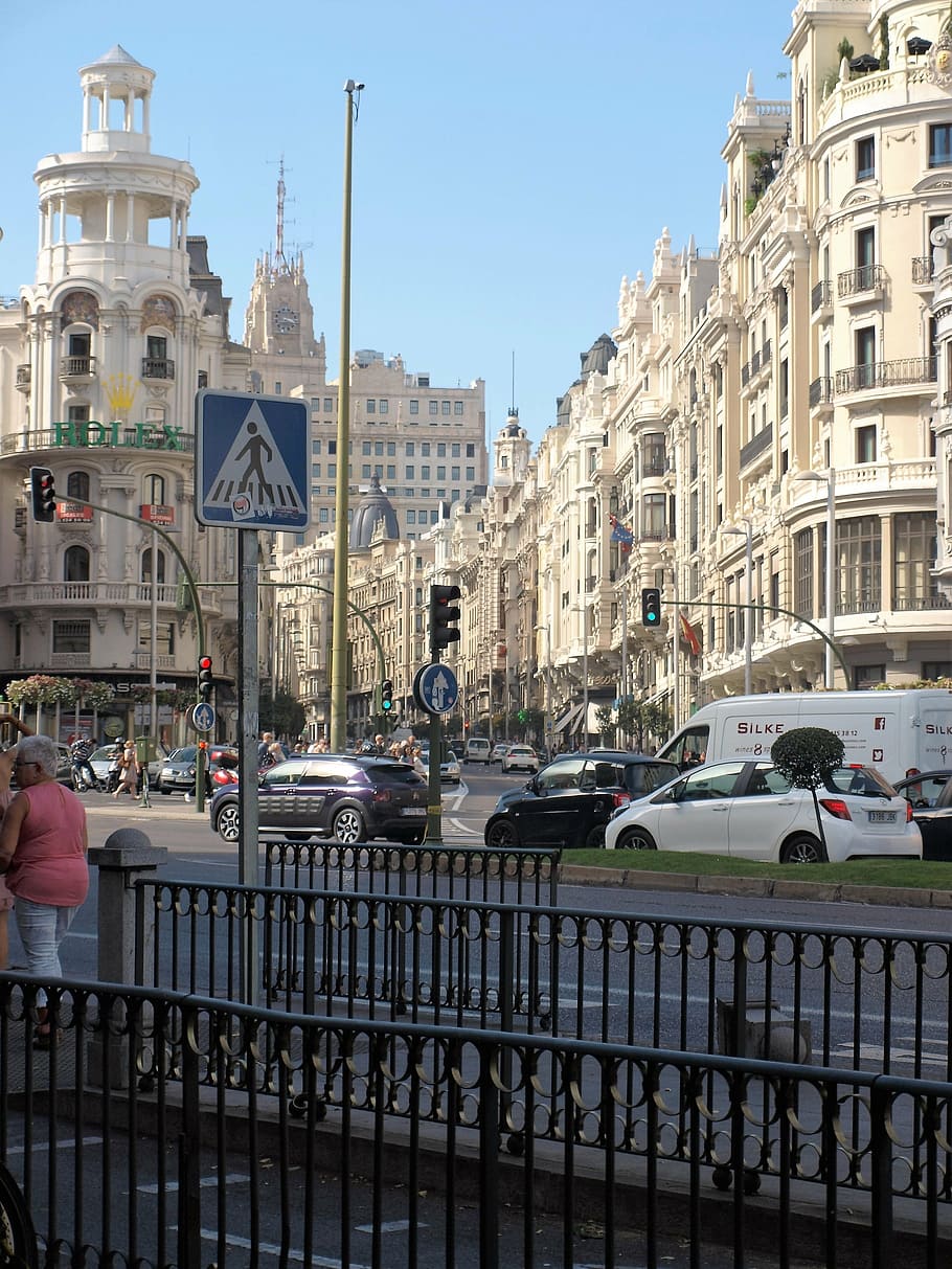 madrid, city, view, spain, road, people, street, urban Scene HD wallpaper