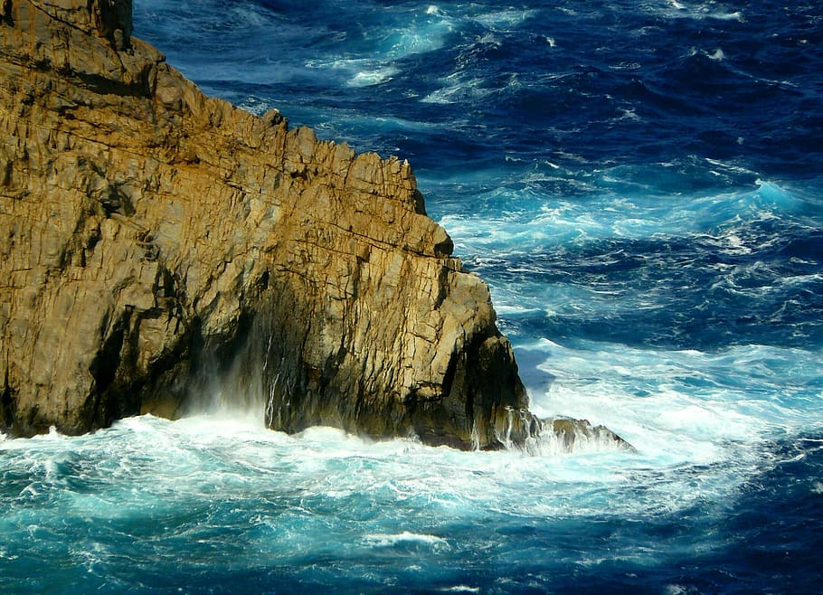 rock formation on body of water, coast, spray, surf, sea, rock formations, HD wallpaper