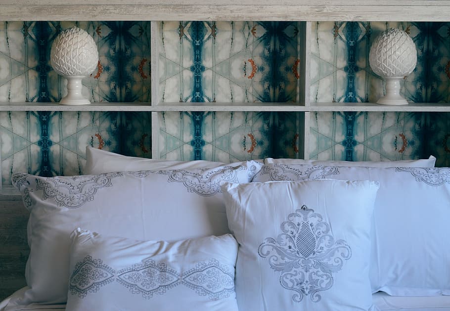 photo of four white and gray printed pillows, bed, headboard HD wallpaper