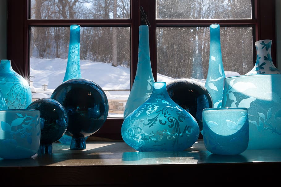 assorted-color glass vases, glasses, blue, decoration, reflection HD wallpaper