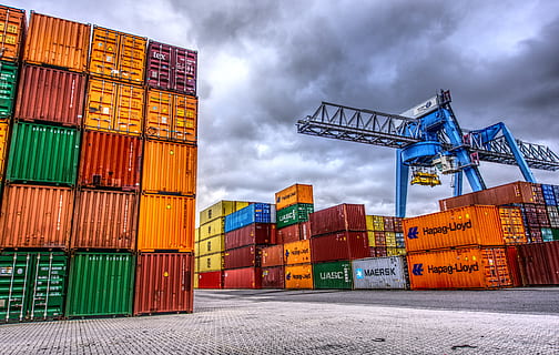 lots of intermodal container on ground, port, loading, stacked HD wallpaper