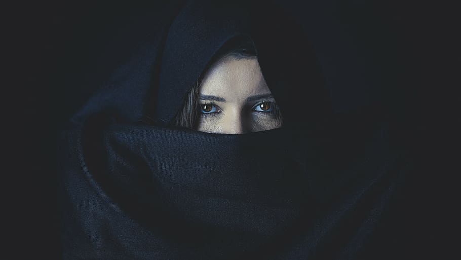 black hijab headdress, people, girl, woman, face, clothing, human eye