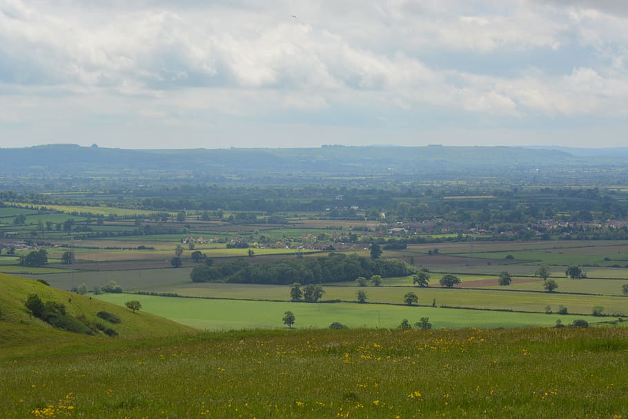 clouds, fields, england, landscape, green, tranquil, environment HD wallpaper