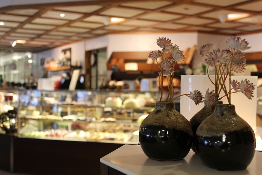 Cafe, Vase, Flowers, indoors, retail, store, no people, day HD wallpaper