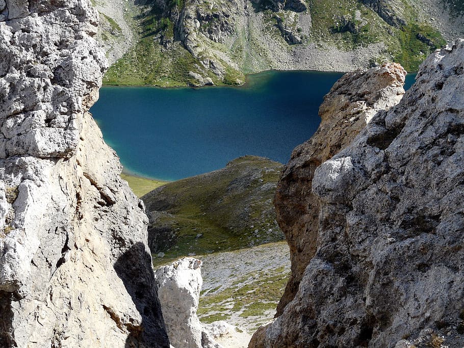 lake, landscape, mountain, water, rock, rock - object, solid HD wallpaper