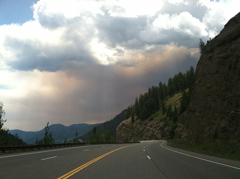 smoke, highway, clouds, landscape, mountains, sky, road, cloud - sky HD wallpaper