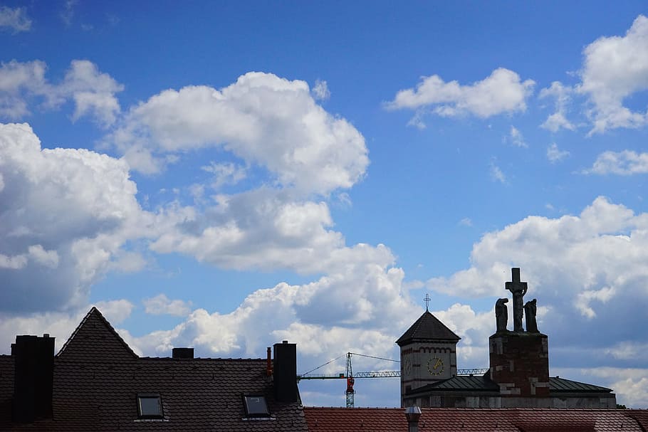 Sky, Blue, Clouds, White, City, homes, roofs, church, cloud - Sky HD wallpaper