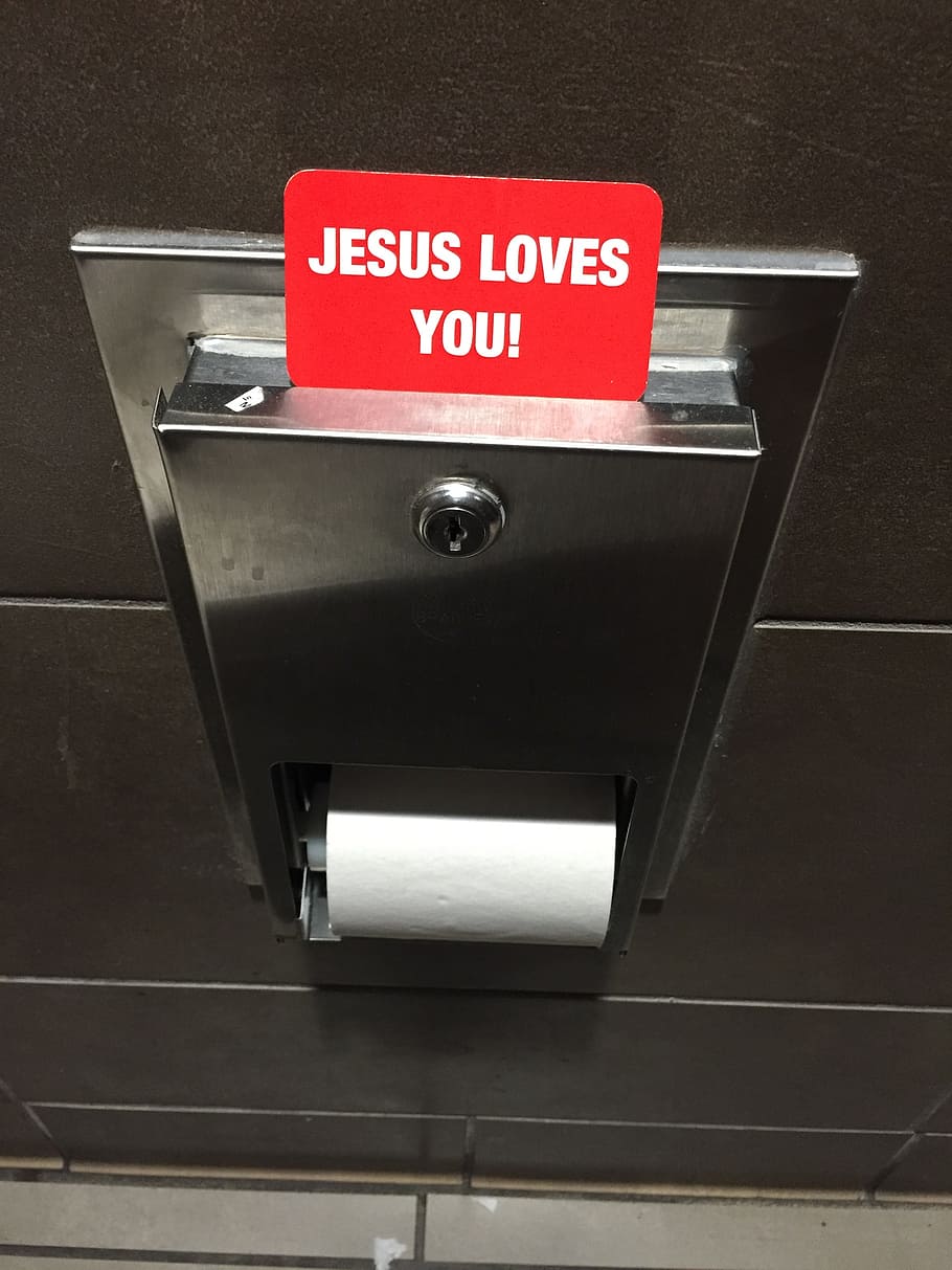 toilet, jesus, unexpected, bathroom, sign, toilet paper, text