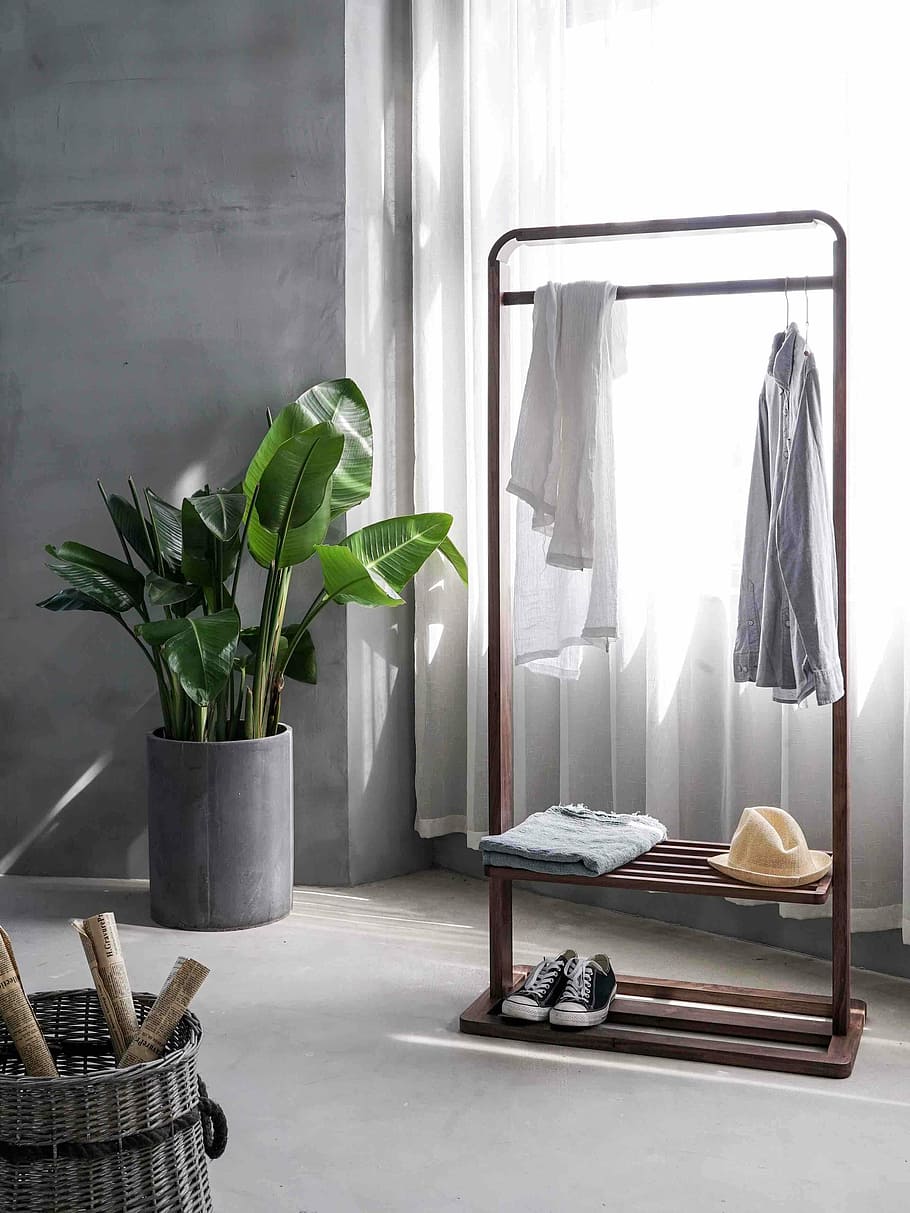 gray dress shirt hang on brown wooden rack in front of window with white curtain, brown wooden rack, HD wallpaper
