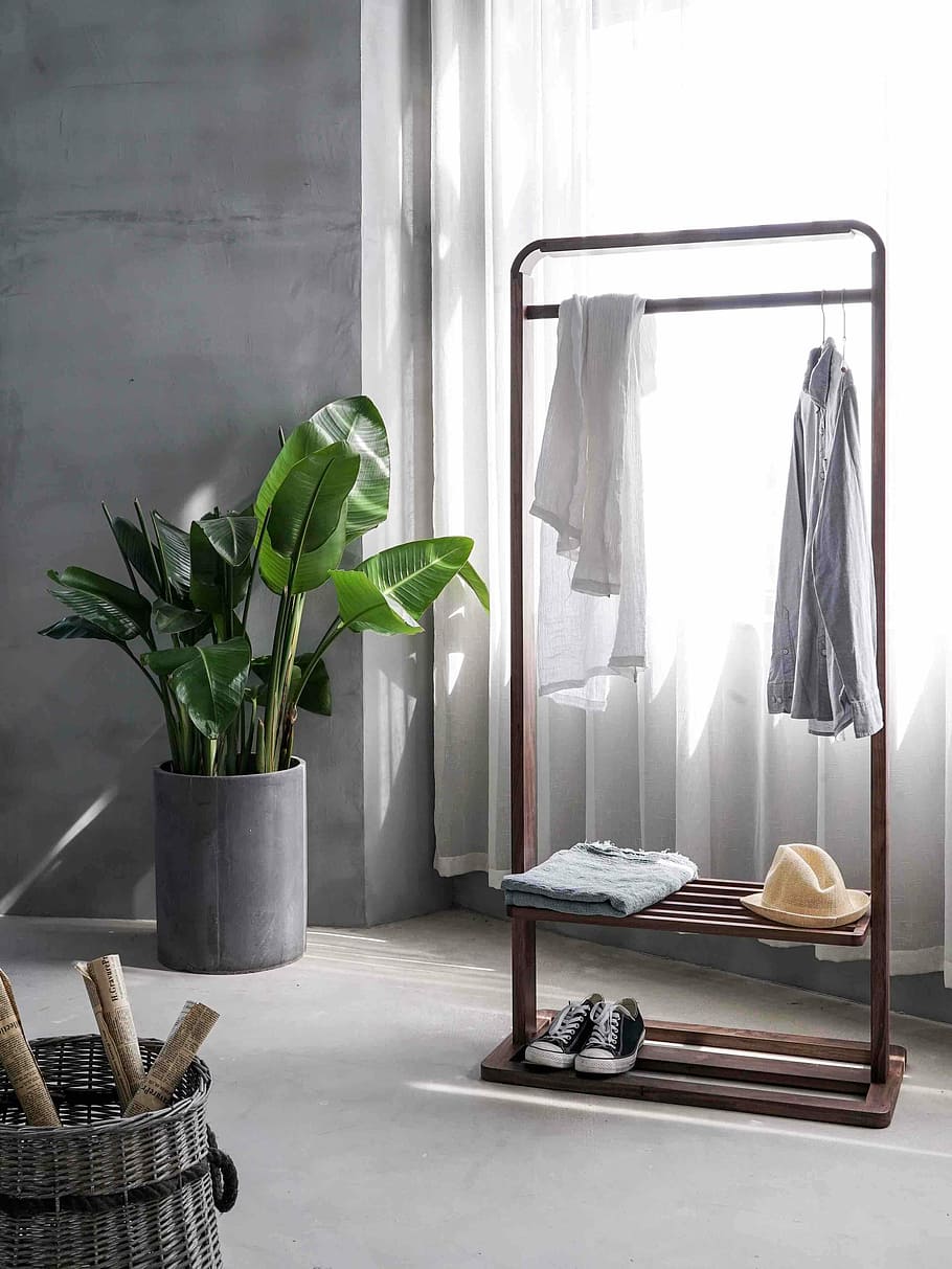 gray dress shirt hang on brown wooden rack in front of window with white curtain, brown wooden rack HD wallpaper