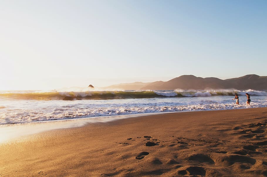 two person standing on seashore, ocean, water, waves, nature HD wallpaper
