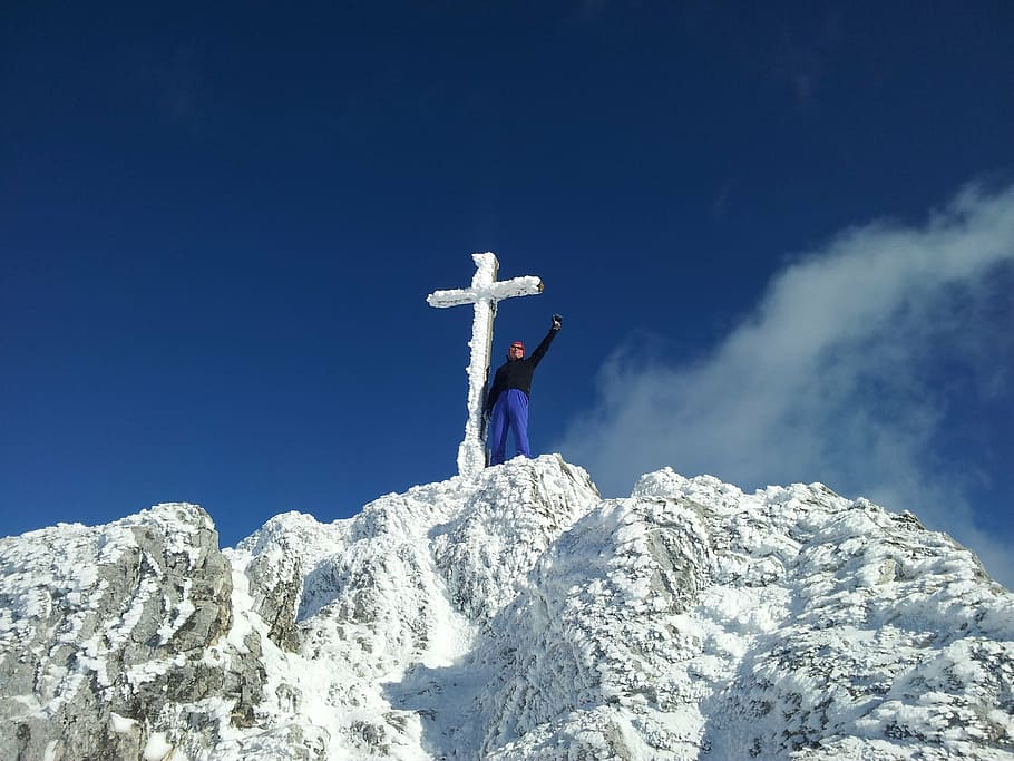 winter, top, cross, man, mountains, snow, panorama, ice, sky HD wallpaper