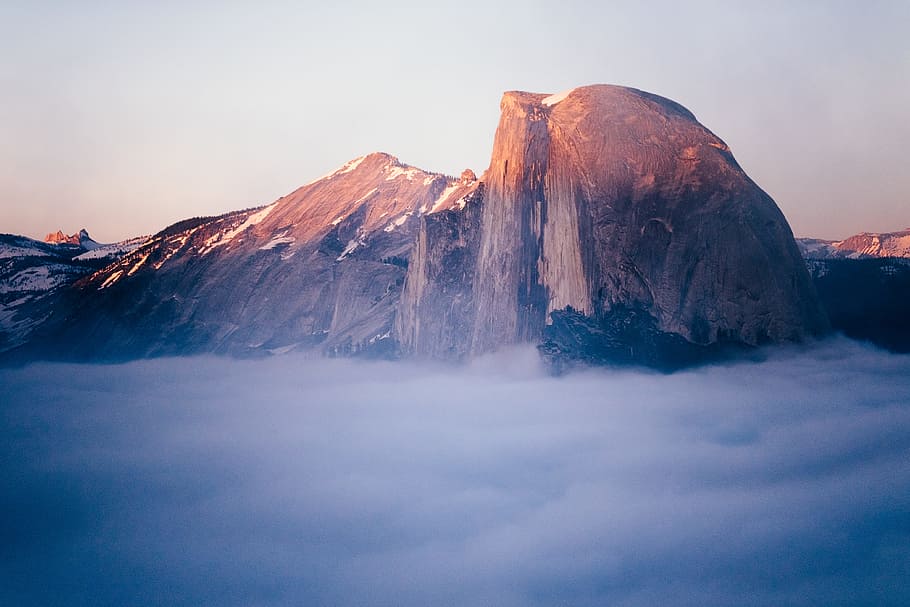 brown mountain near white clouds at daytime, Half Dome Sunset HD wallpaper