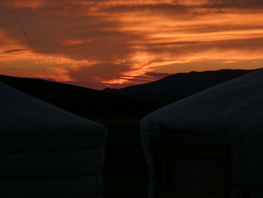 mongolia, sunset, asia, yurt, travel, outdoor, sky, cloud - sky HD wallpaper