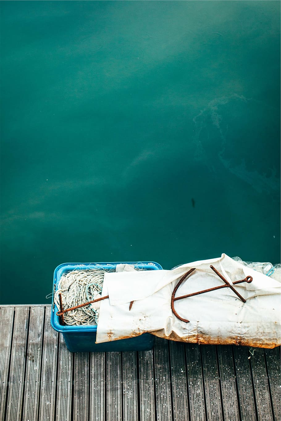 anchor, rope, dock, lake, water, bin, nautical vessel, wood - material HD wallpaper