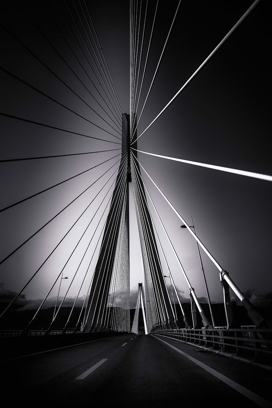 grayscale photography of bridge, rio–antirrio bridge, cable-stayed bridge