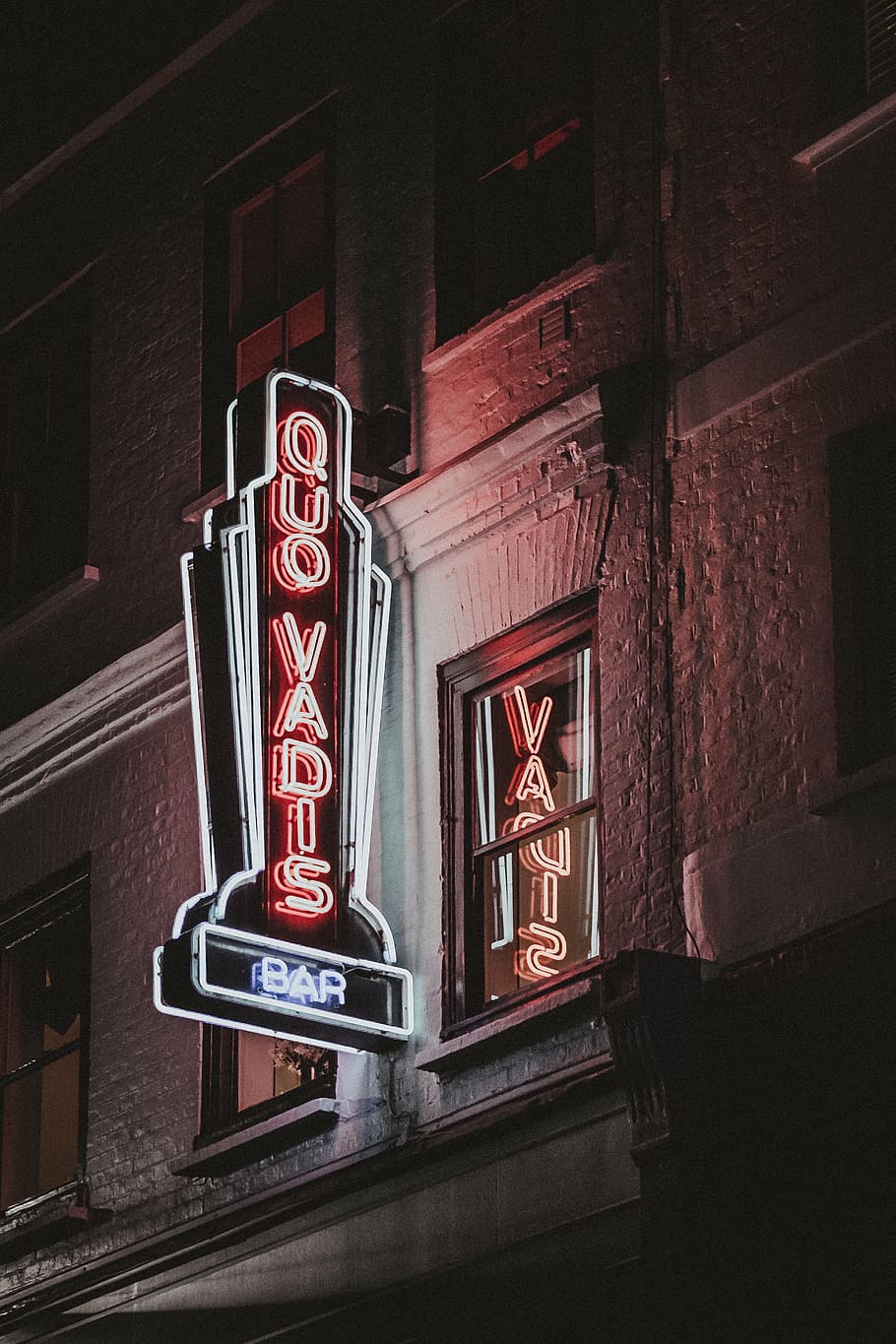 Quo Vadis signage, night, dark, lights, bar, celebration, restaurant HD wallpaper