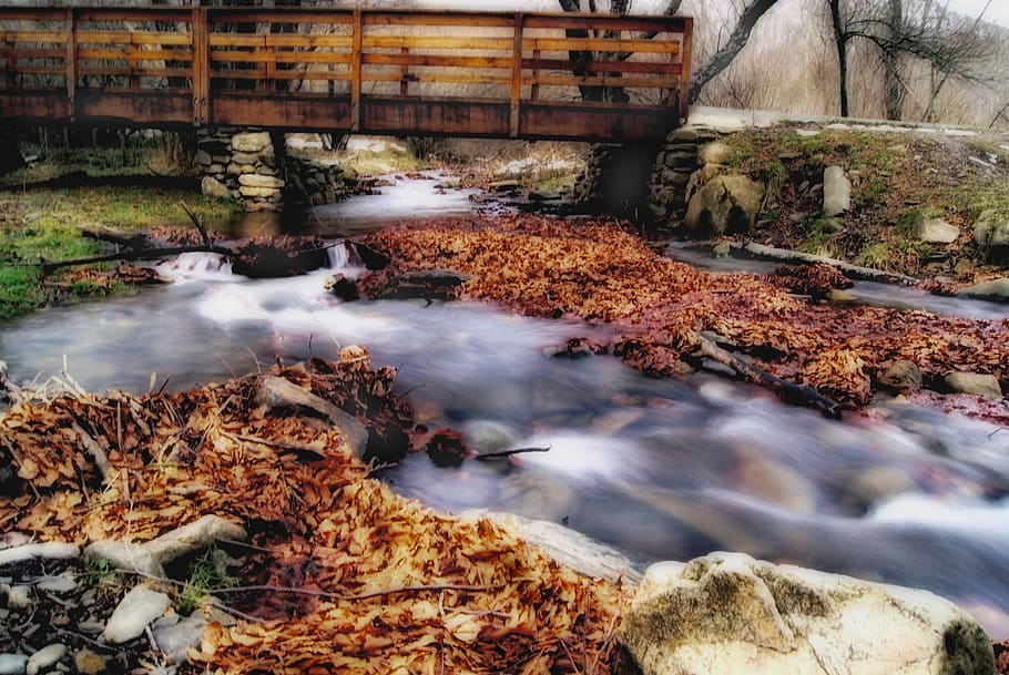 river, flowing, stream, bridge, autumn, landscape, water, rapids HD wallpaper