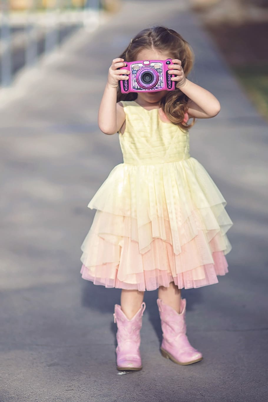 girl using purple camera, child, fashion, portrait, dress, model