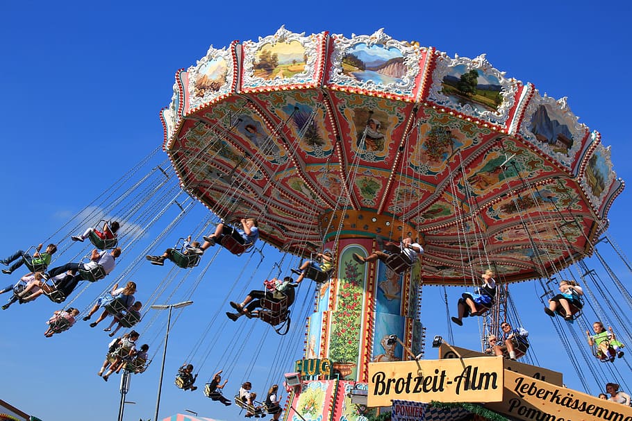Oktoberfest, Chain, Carousel, Blue Sky, chain carousel, ferris Wheel, HD wallpaper
