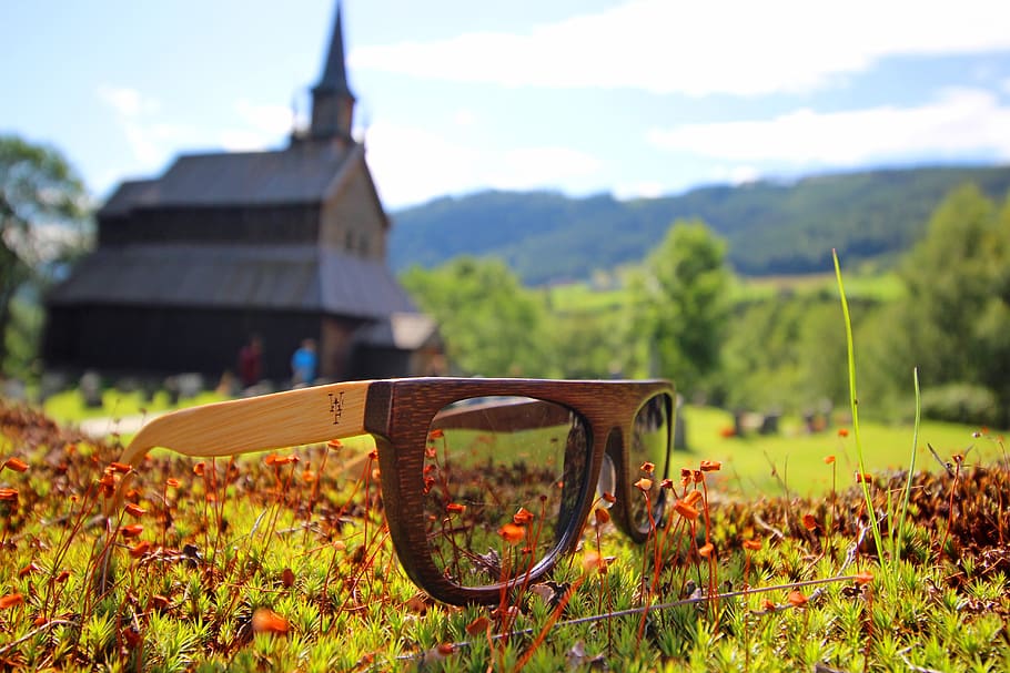 sunglasses, stave church, plant germs, focus on foreground, HD wallpaper