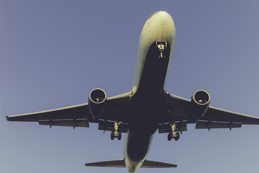 aerial photography of plane flying, white plane, engine, jet HD wallpaper