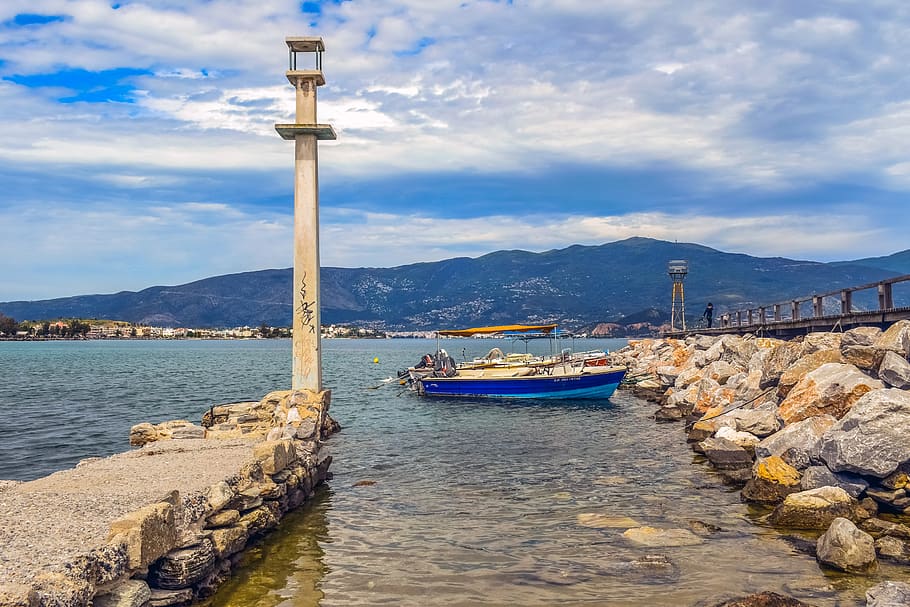 greece, volos, alykes, promenade, dock, boats, beacon, sea, HD wallpaper