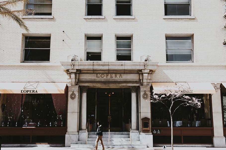 person walking on road near building, person walking in front of building HD wallpaper