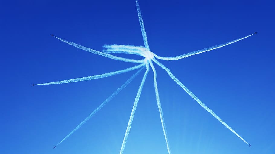 air show, public, flight, plane, contrails, cloud, sky, blue, HD wallpaper