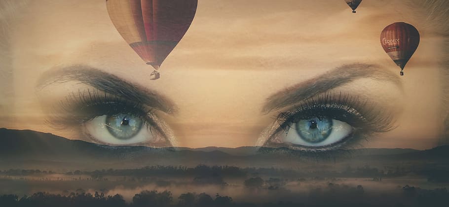 hot air balloons on air with woman's profile background wallpaper HD wallpaper