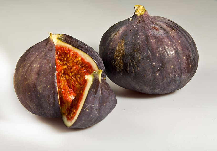 two brown pomegranates, fig, tropical fruit, violet, food, nutrition HD wallpaper