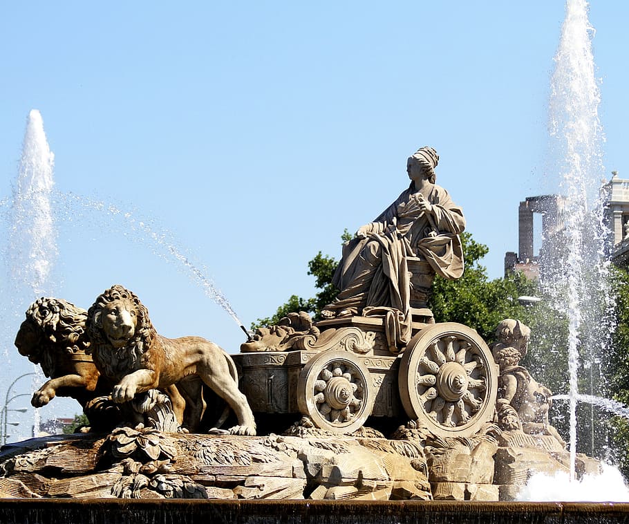 fountain, madrid spain, cibeles, lions, chariot, woman, historical