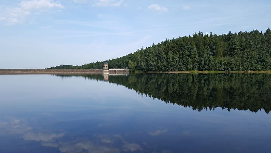 dam, water, blue, mirror image, city of stollberg, reflection HD wallpaper