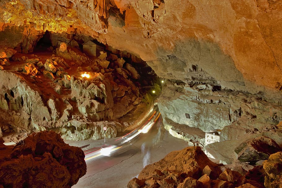 Cave, Rocks, Lights, interesting, underground, stone, mountain HD wallpaper