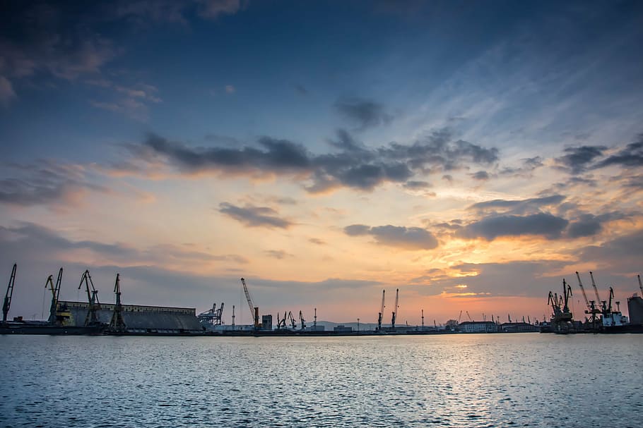 cranes beside water, sunset, port, port of burgas, bulgaria, sea, HD wallpaper