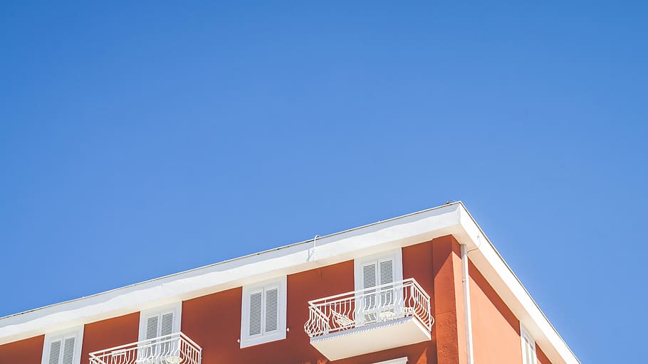white steel railing, orange and white painted building, architecture HD wallpaper