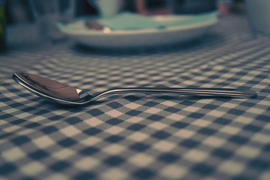 gray stainless steel spoon on table, cutlery, tablecloth, diamonds HD wallpaper